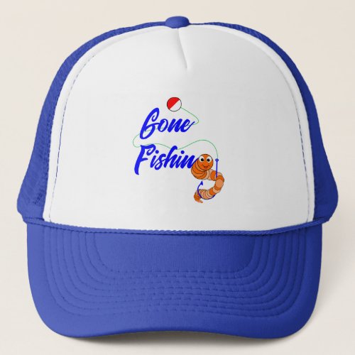 Cute Gone Fishing Cartoon Fishing Worm and Bobber Trucker Hat