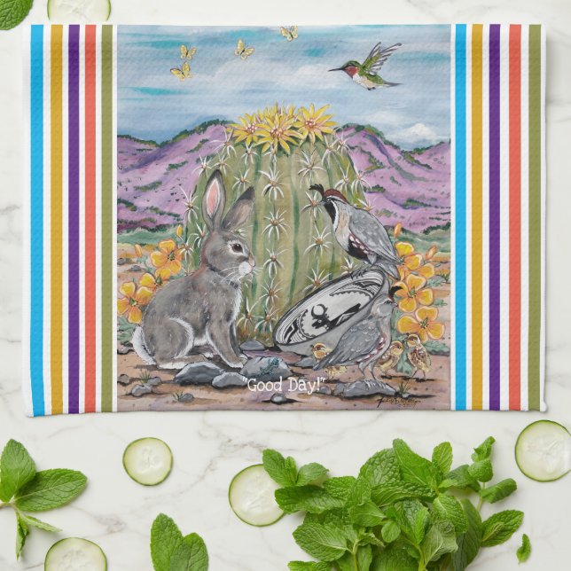 Cute Good Day Night Southwest Animal Desert Cactus Kitchen Towel (Folded)