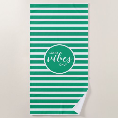 Cute Good Vibes Only Green Mint Striped Modern Beach Towel