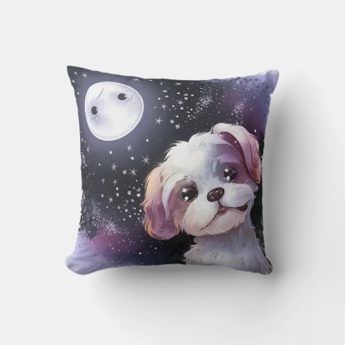 Cute Goofy Dog under Full Moon Light Throw Pillow