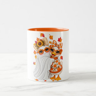 Cute Goose Besties Ghost Pumpkin Sweater Fall  Two-Tone Coffee Mug