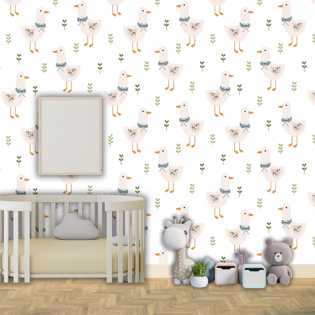 Cute Goose Duck Greenery Nursey Kids Baby Room Wallpaper | Zazzle
