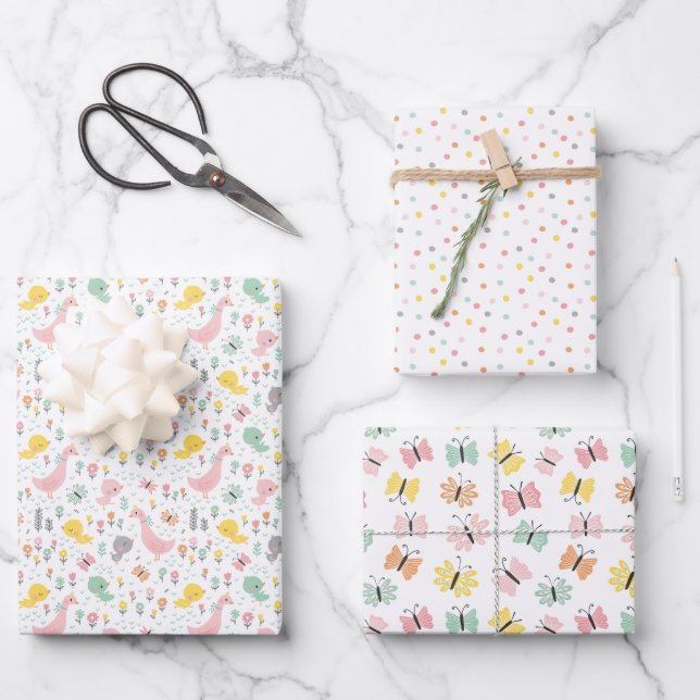 Cute goose, goslings and butterflies pastel wrapping paper sheets (Front)