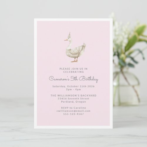 Cute Goose Watercolor Pink 5th Birthday Party Invitation
