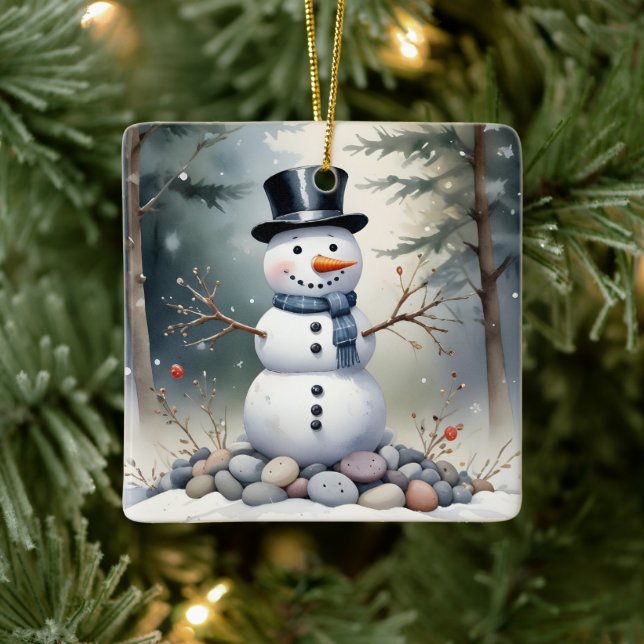 Cute Gorgeous Snowman Frosted Landscape Forest Ceramic Ornament (Tree)