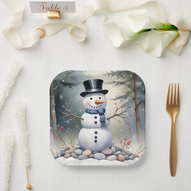 Cute Gorgeous Snowman Frosted Landscape Forest Paper Plates (Wedding)