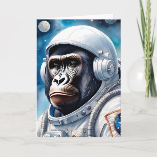 Cute Gorilla in Astronaut Suit in Outer Space Card