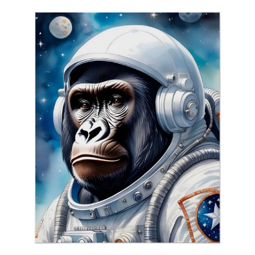 Cute Gorilla in Astronaut Suit in Outer Space Poster
