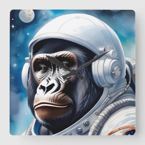 Cute Gorilla in Astronaut Suit in Outer Space Square Wall Clock