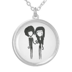 Cute Goth Emo Girl and Boy Drawing Silver Plated Necklace