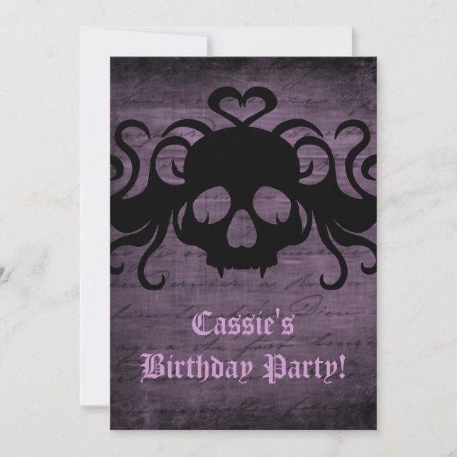 Cute goth fanged vampire skull dark purple 7"x5" invitation (Front)