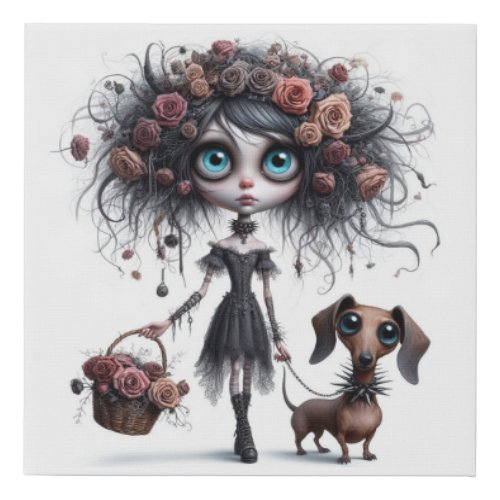 Cute Goth Flower Girl with Dachshund Art Canvas