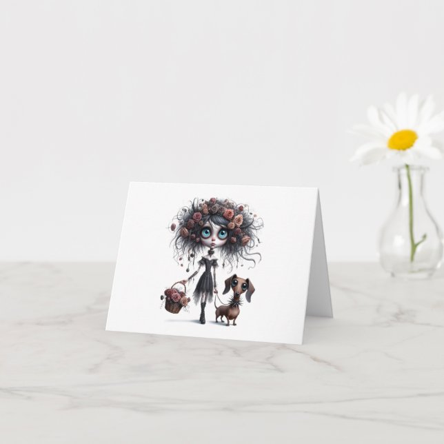 Cute Goth Flower Girl with Dachshund Greeting Card (Small Plant)