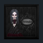 Cute Goth Girl Personalized Black Jewelry Box<br><div class="desc">Gorgeously Gothic black jewelry box with a cute and creepy little goth girl on a pretty black damask background. There is an elegant ornate digital decorative pewter ornament for you to personalize. PLEASE NOTE: All elements are printed. A stylish, trendy and unique gothic gift - perfect for goth girls, women...</div>