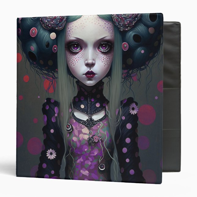 Cute Goth Girl Purple Black Fantasy Art 3 Ring Binder (Front/Inside)