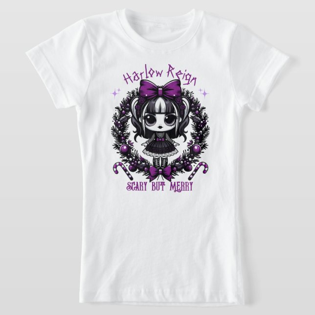 Cute Goth Girl Purple & Black Gothic Christmas T-Shirt (Laydown)