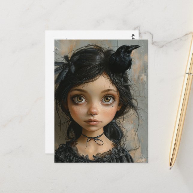 Cute Goth Girl with a Black Bird on Her Head Postcard (Front/Back In Situ)