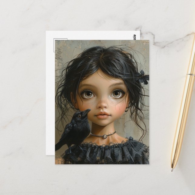Cute Goth Girl with a Black Bird Postcard (Front/Back In Situ)