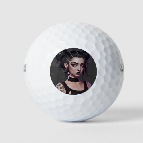 Cute Goth Girl with Buns and Tattoos Golf Balls