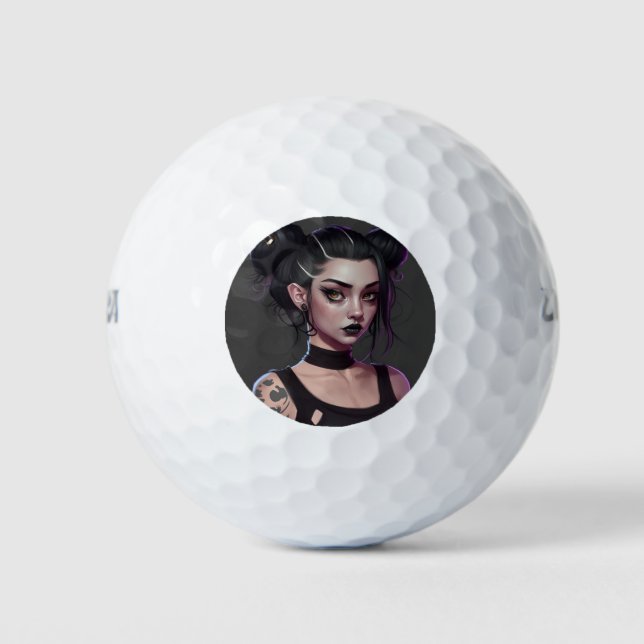 Cute Goth Girl with Buns and Tattoos Golf Balls (Front)