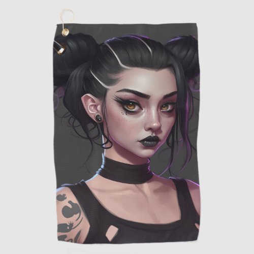 Cute Goth Girl with Buns and Tattoos Golf Towel