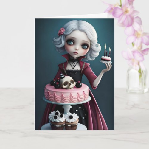 Cute goth gothic girl with birthday cake card