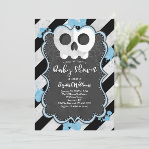 Cute Goth Punk Skull Blue Baby Shower Invitation