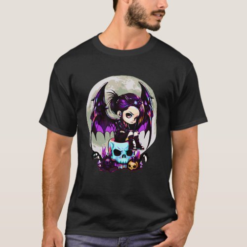 Cute Goth Sitting On Large Skull With Bat Wings _ T_Shirt