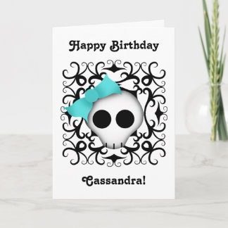 Cute Goth skull with blue bow Card