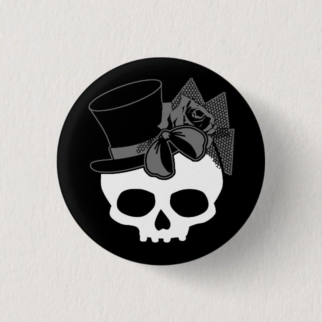 Cute Goth Skull With Top Hat Rose Bow Button (Front)