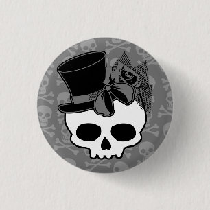 Cute Goth Skull With Top Hat Rose Bow Button