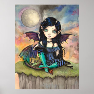 Cute Gothic Big-Eye Fairy and Dragon Fantasy Art Poster
