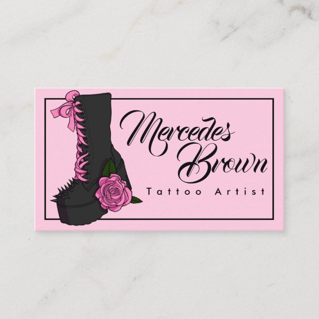Cute Gothic Boot Pink Rose Tattoo Artist Business Card (Front)