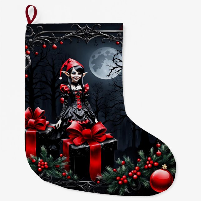 Cute Gothic Christmas Elf. Large Christmas Stocking (Front)