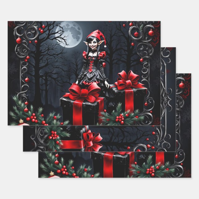 Cute Gothic Christmas Elf.  Wrapping Paper Sheets (Set)