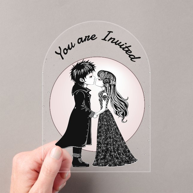Cute Gothic Emo Kids Kiss Valentine's Day  Acrylic Invitations (Insitu (Handheld))