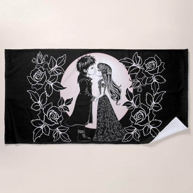 Cute Gothic Emo Kids Kiss Valentine's Day  Beach Towel (Front)