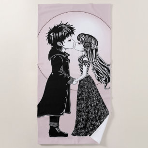 Cute Gothic Emo Kids Kiss Valentine's Day  Beach Towel
