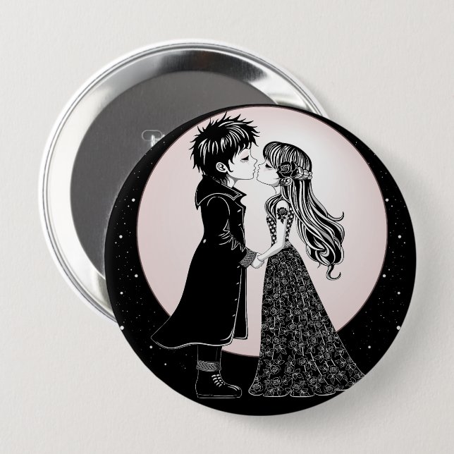 Cute Gothic Emo Kids Kiss Valentine's Day  Button (Front & Back)