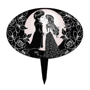 Cute Gothic Emo Kids Kiss Valentine's Day Cake Topper