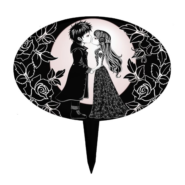 Cute Gothic Emo Kids Kiss Valentine's Day  Cake Topper (Front)
