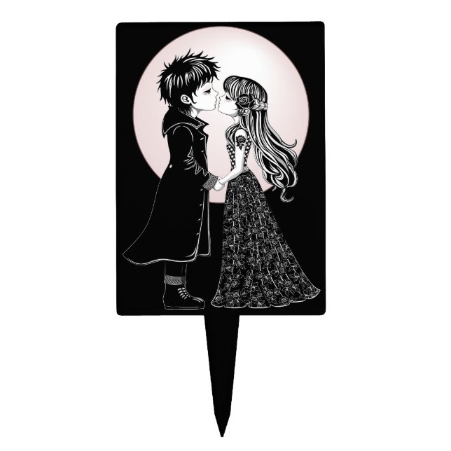 Cute Gothic Emo Kids Kiss Valentine's Day  Cake Topper (Front)