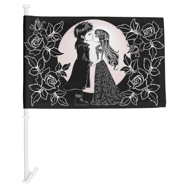 Cute Gothic Emo Kids Kiss Valentine's Day  Car Flag (Front)