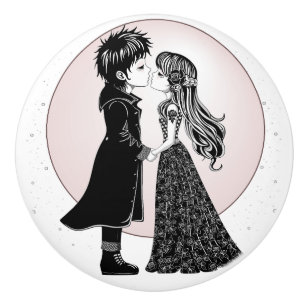 Cute Gothic Emo Kids Kiss Valentine's Day Ceramic Knob