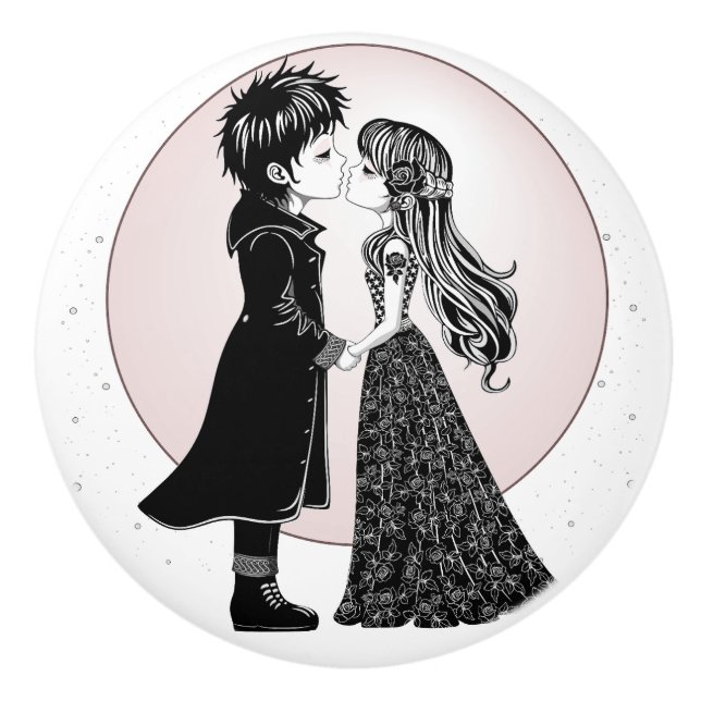 Cute Gothic Emo Kids Kiss Valentine's Day  Ceramic Knob (Front)