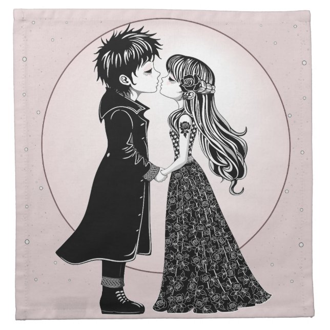 Cute Gothic Emo Kids Kiss Valentine's Day  Cloth Napkin (Front)