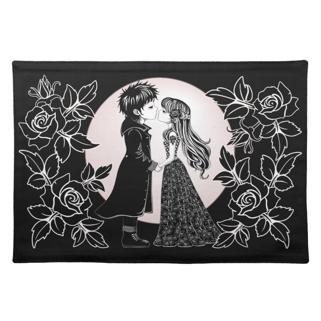 Cute Gothic Emo Kids Kiss Valentine's Day  Cloth Placemat (Front)