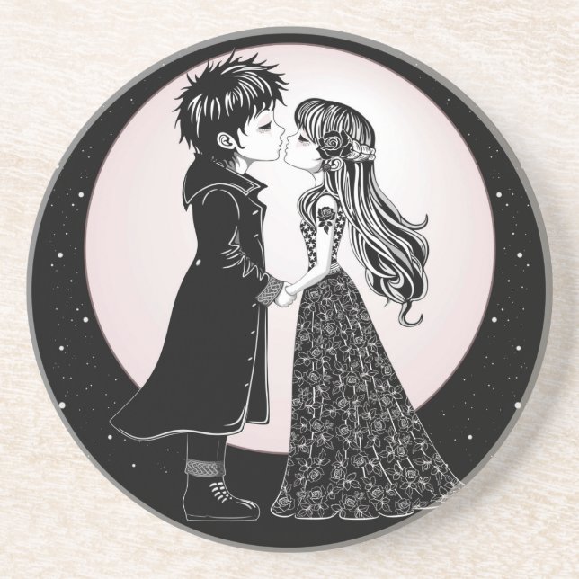 Cute Gothic Emo Kids Kiss Valentine's Day  Coaster (Front)