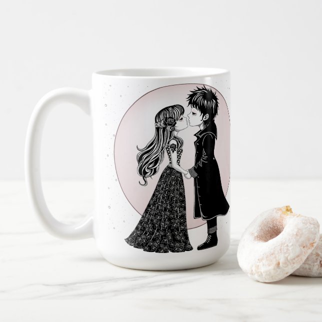 Cute Gothic Emo Kids Kiss Valentine's Day  Coffee Mug (With Donut)