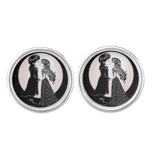 Cute Gothic Emo Kids Kiss Valentine's Day  Cufflinks (Front)